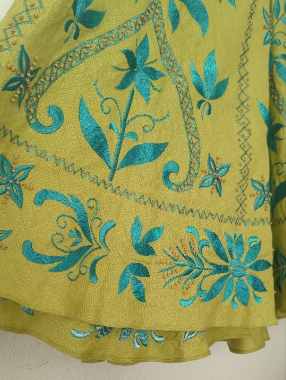 Y2K Sue Wong Linen Spaghetti Strap Dress with Floral Embroidery & Wood Beads - Picture 10 of 17